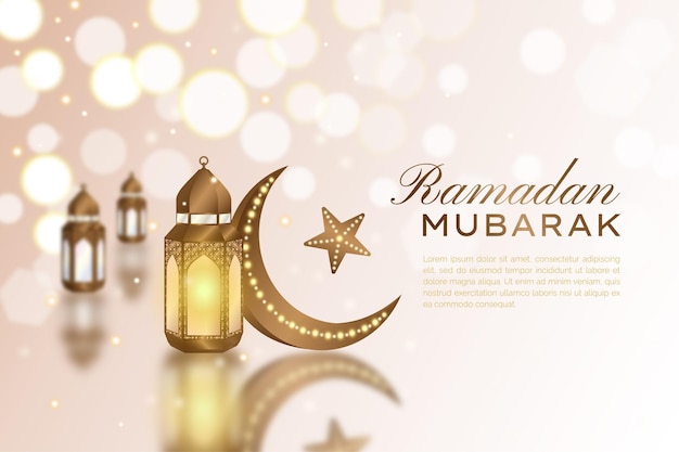 Linterna de oro realista y luna creciente con reflejo de fondo de ramadán islámico mubarak