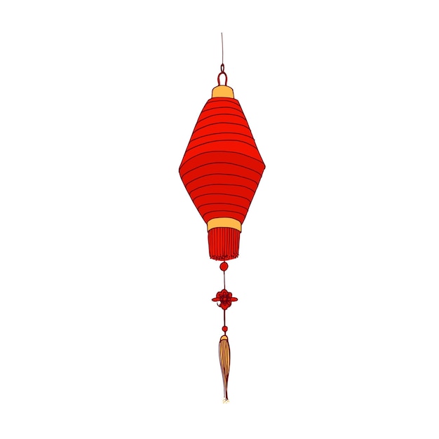 Linterna de papel china de colores rojo y dorado. Lámpara colgante con vela en su interior. Lámpara de calle ceremonial asiática. Decoración brillante del festival tradicional. Ilustración vectorial dibujada aislada en blanco.