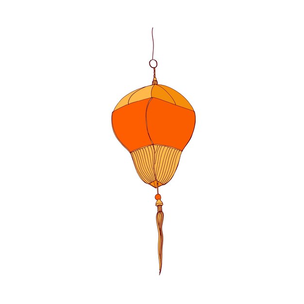 Linterna de papel tradicional china con flecos y lazo para colgar. Farola china. Luz decorativa ceremonial asiática. Ilustración de vector gráfico coloreado aislado sobre fondo blanco.