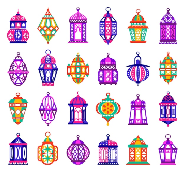linterna de Ramadán tradicional árabe islámica dibujos animados de colores diferentes fanous iluminación tradicional de fiestas religiosas elementos de luz colgantes festivos conjunto de lámparas brillantes al aire libre aisladas vectoriales