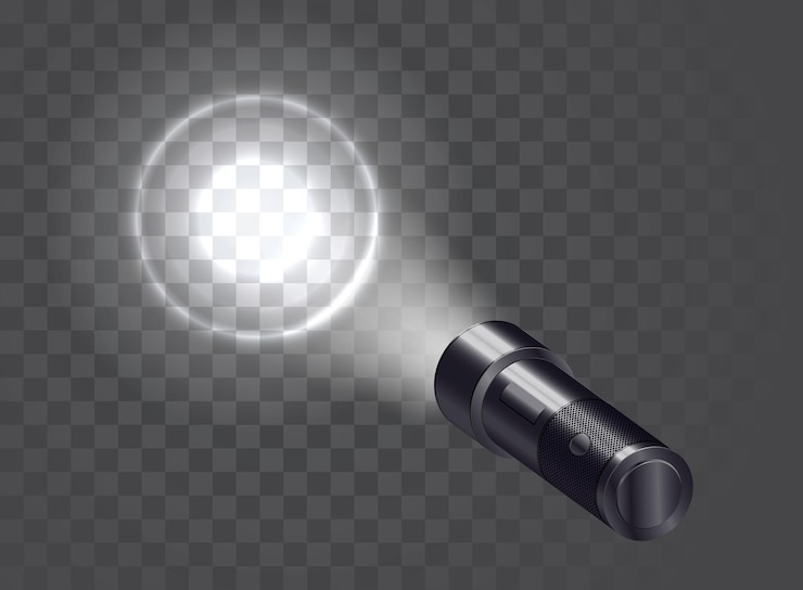Vector linterna realista de bolsillo ilumina la pared.