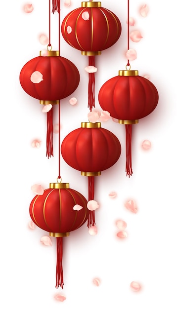 Linterna roja asiática colgante de fondo, pétalos que caen flor rosa sakura. ilustración vectorial