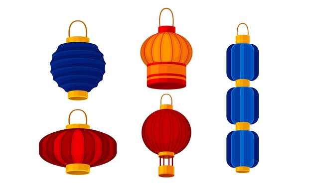 Linterna roja china de conjunto vectorial de forma circular y cilíndrica