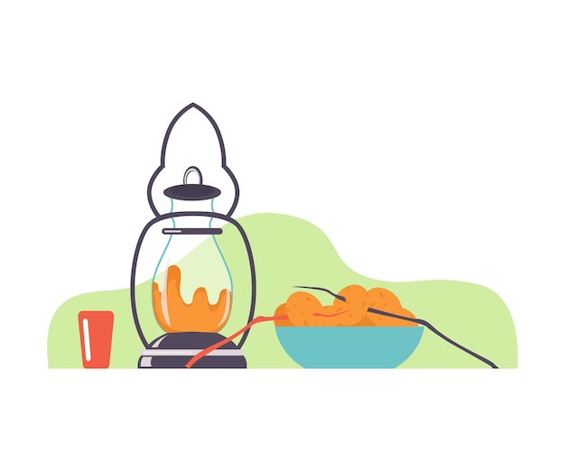 Linterna y taza con patatas en un claro ilustración vectorial