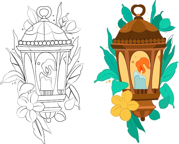 Linterna con vela e ilustración floral
