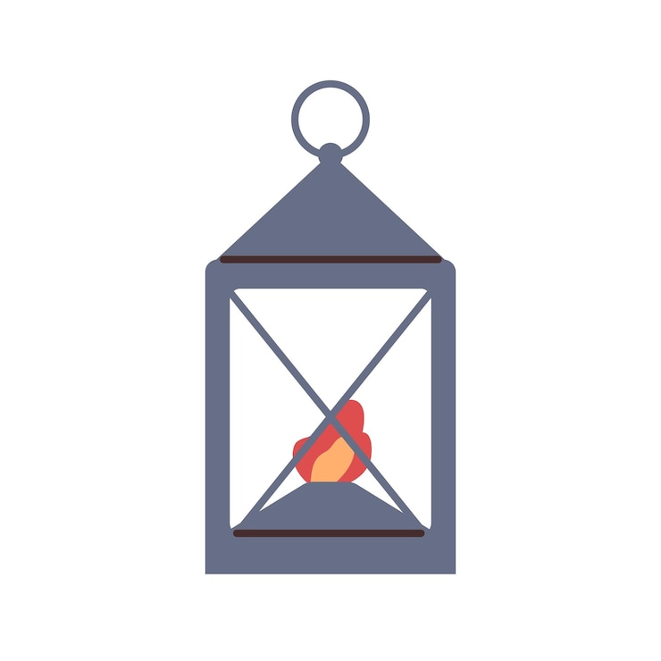 Vector linterna con vela en el interior lámpara decorativa con luz de vela decoración de luz de vacaciones con fuego ardiente anillo de quemador de llama para colgar ilustración vectorial plana aislada sobre fondo blanco