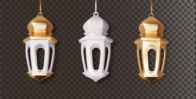 Linternas árabes conjunto realista de símbolos musulmanes tradicionales islámicos colgantes realistas de Ramadán Mubarak fanous aislado sobre fondo transparente