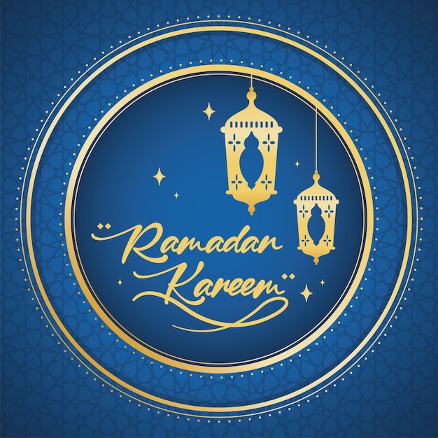 Linternas árabes doradas sobre fondo de patrón de etiqueta redonda ramadan kareem vector