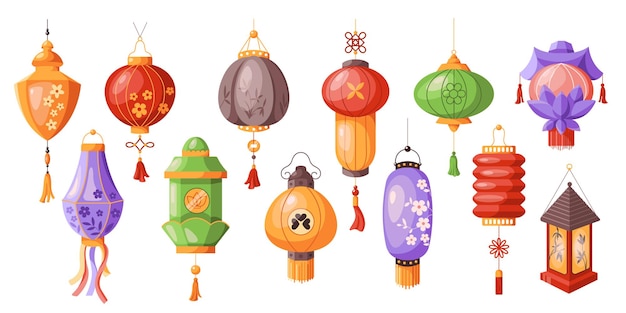 Las linternas asiáticas multicolores decoran objetos vectoriales de color plano