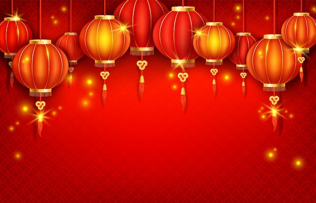 Linternas chinas 3D detalladas y realistas en un vector de fondo rojo