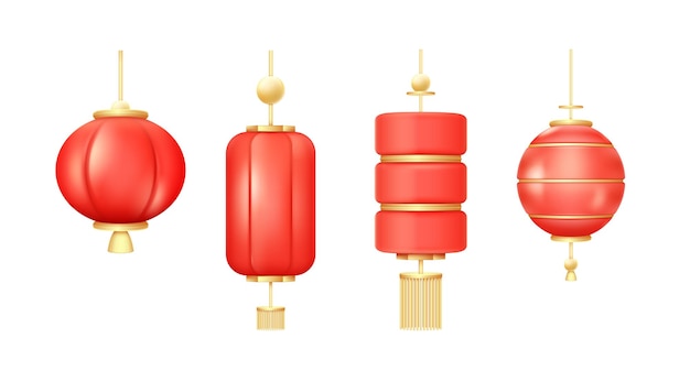linternas chinas 3d linterna asiática celebración tradicional de festivales en china Japón o vietnam año nuevo elemento realista oro rojo lámparas colgantes redondas ilustración vectorial decente