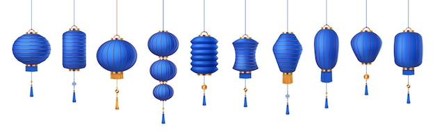 Linternas chinas azules con borlas decorativas iconos de color