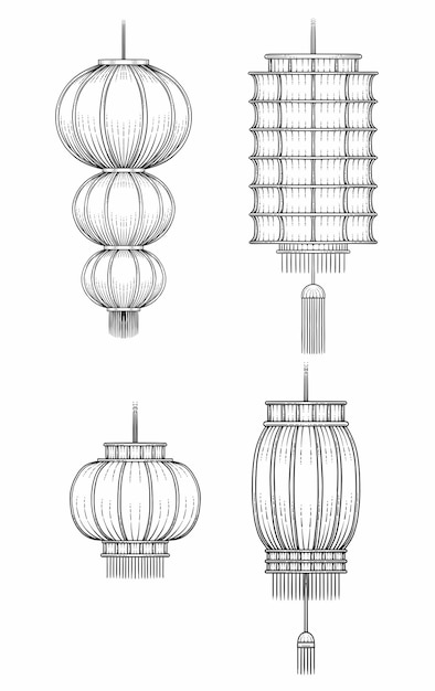 Vector linternas chinas dibujadas en estilo grabado.