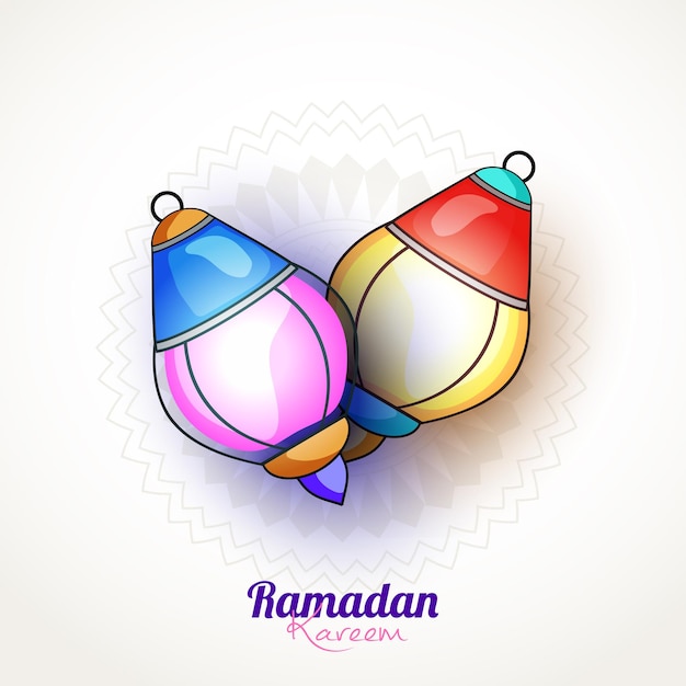 Linternas de colores brillantes sobre fondo decorado con diseño floral para el Mes Sagrado Islámico Ramadán Mubarak