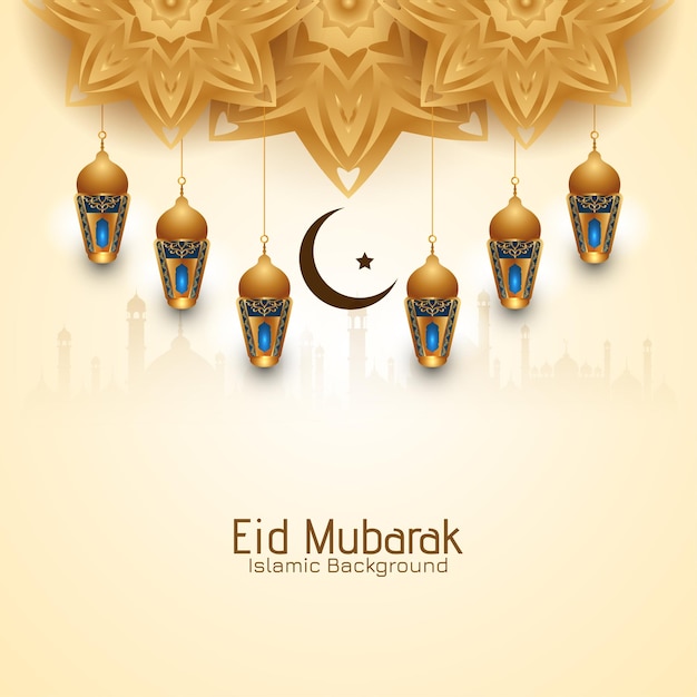 Linternas decorativas doradas eid mubarak festival vector de fondo