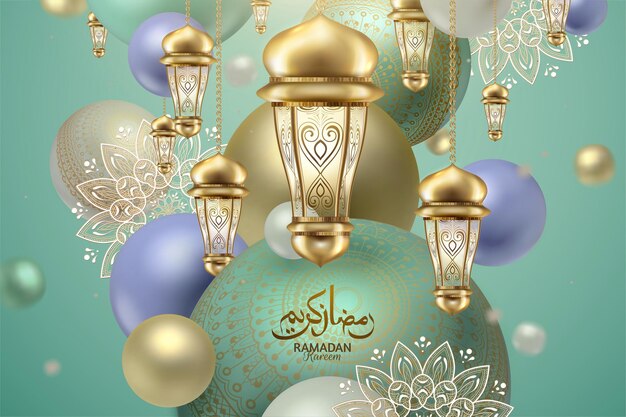 Linternas elegantes con esfera púrpura y turquesa, la caligrafía de Ramadán mubarak significa felices fiestas