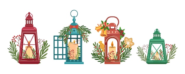 Linternas navideñas con velas y decoraciones festivas en estilo plano