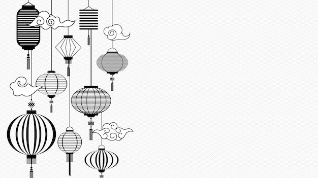Vector linternas y nubes diseñan patrones chinos con espacio de texto