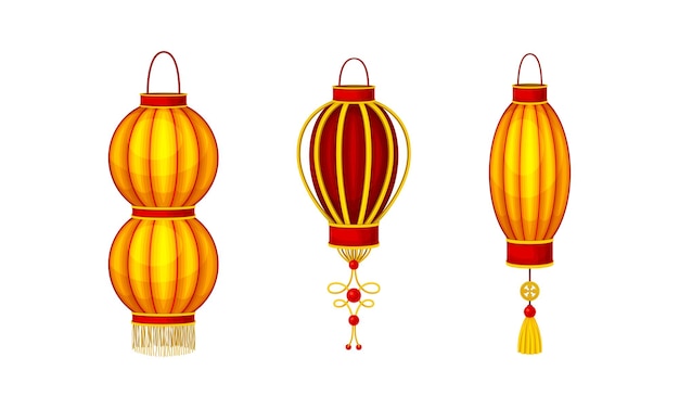 Las linternas de papel chinas rojas y doradas establecen la ilustración vectorial del elemento de decoración tradicional del año nuevo