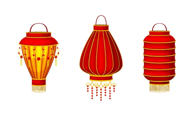 Linternas de papel colgantes tradicionales chinas para el año nuevo asiático Ilustración vectorial de elementos de decoración