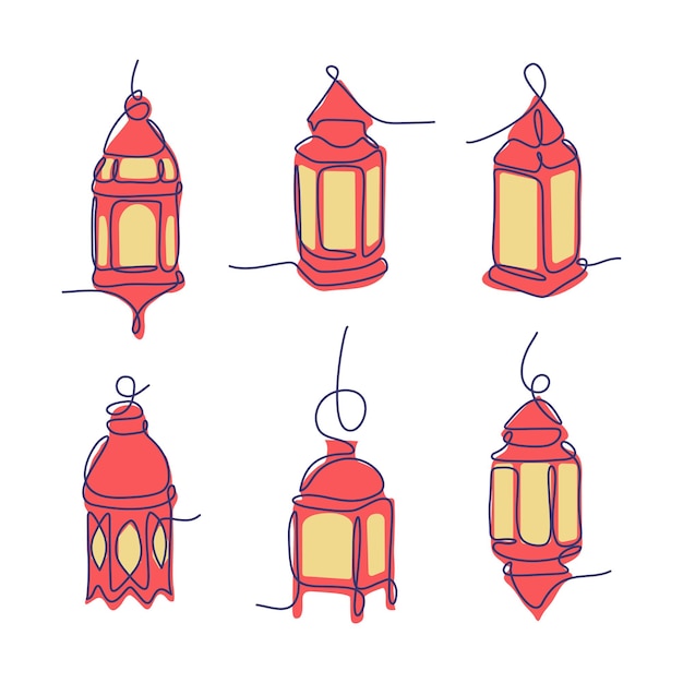 Linternas de ramadán con colección de estilo de arte de línea conjunto ilustración vectorial
