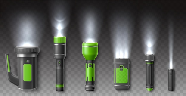 Linternas con rayos antorchas eléctricas luminosas realistas que parpadean lámparas nocturnas aisladas en un fondo transparente luces direccionales conjunto vectorial de equipo turístico o táctico
