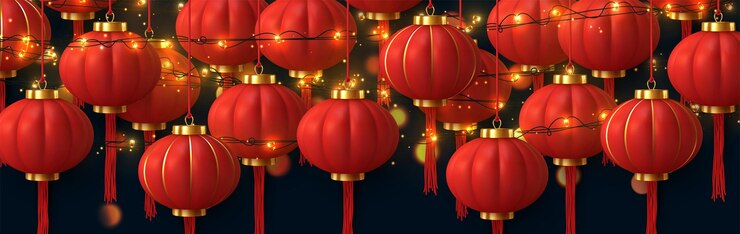 Vector linternas rojas chinas de fondo. guirnaldas de luz dorada, bokeh dorado. las decoraciones festivas ornamentales asiáticas tradicionales aislaron el diseño realista. ilustración vectorial