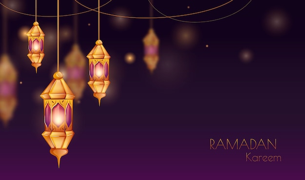 Las linternas tradicionales iluminadas con un saludo para el Ramadán Kareem contra un fondo púrpura profundo que simboliza la celebración Ilustración vectorial