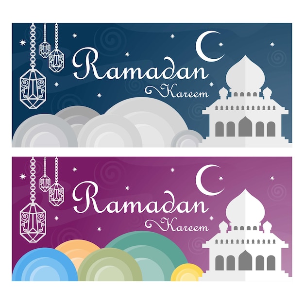 Linternas vintage de banner vectorial adornado para Ramadán que desean lámparas brillantes árabes Decoración de esquema en estilo oriental Fondo islámico Ramadán Kareem tarjeta de felicitación publicidad cartel de descuento