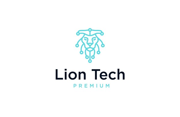 Lion tech línea estilo de arte plantilla de diseño de logotipo vector plano