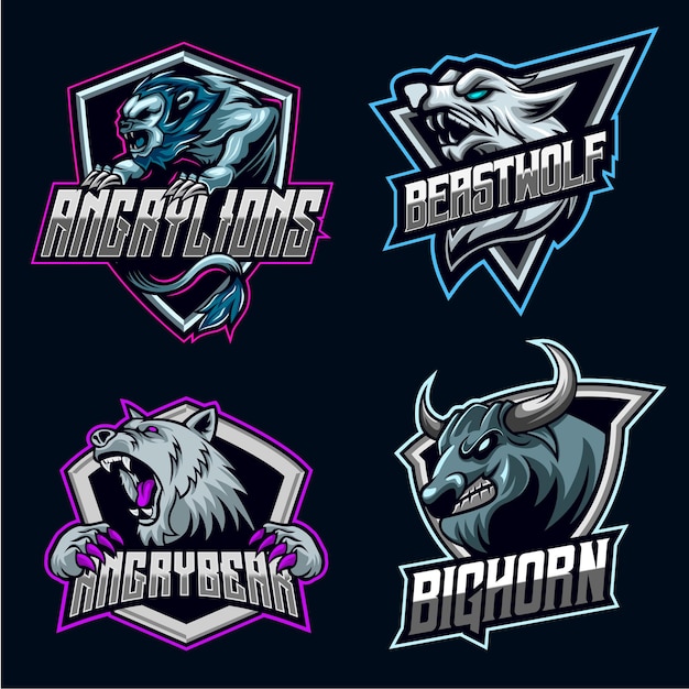Lion Wolf Bear Bison Character set Logo Esport Mascot Design Bundle Set colección de iconos ilustración vectorial equipo de juego
