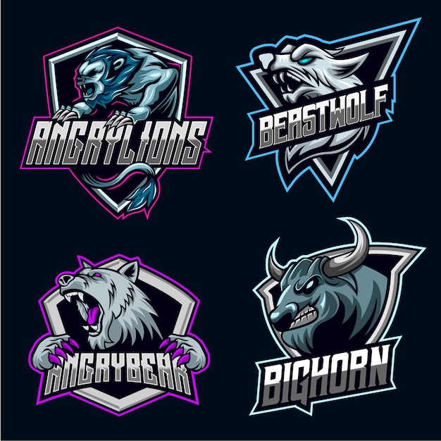 Vector lion wolf bear bison character set logo esport mascot design bundle set colección de iconos ilustración vectorial equipo de juego