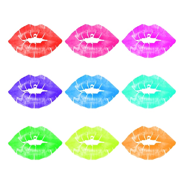 Vector lipstick vectorial de beso impreso colorido sobre fondo blanco