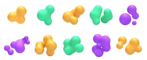 Liquid 3D blob shapes Abstract organic forms with smooth gradient fluid blobbed metaball spheres renders and digital amorphous blobby shape elements isolated vector set