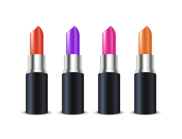 El líquido cosmético aislado 3d del maquillaje del lápiz labial compone la ilustración del producto de belleza. Conjunto de colores de lápiz labial.