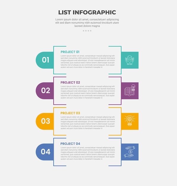 lista apilada verticalmente proceso infográfico estilo de esquema con plantilla de 4 puntos con corte rectangular abierto con insignia redonda a la izquierda para la presentación de diapositivas