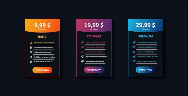 Vector lista de banners del plan de tarifas banners con descuento de precios y lista de verificación de funciones estándar básico y premium vector eps 10