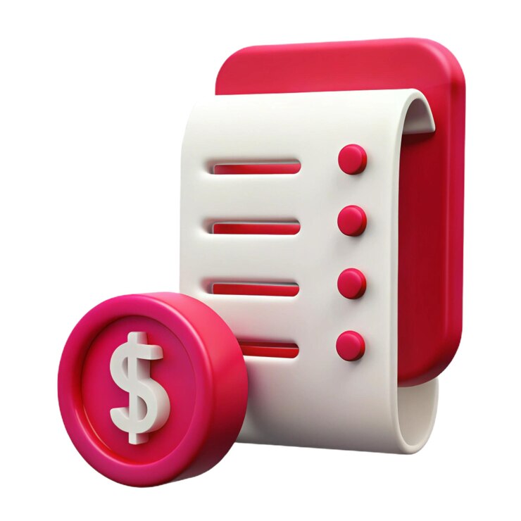 Lista de compras 3D rosa y blanca con icono de moneda de un dólar