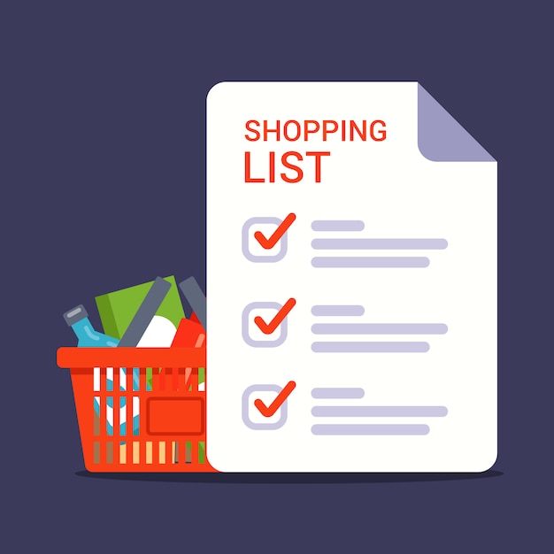 Lista de compras para comprar en la tienda. lista de compras con marcas. ilustración