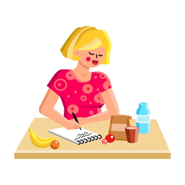 Lista de compras escrito a chica en Vector de mesa de cocina. Mujer joven haciendo lista de compras para comprar productos en la tienda de comestibles, ingredientes para cocinar. Ilustración de dibujos animados plana de personaje
