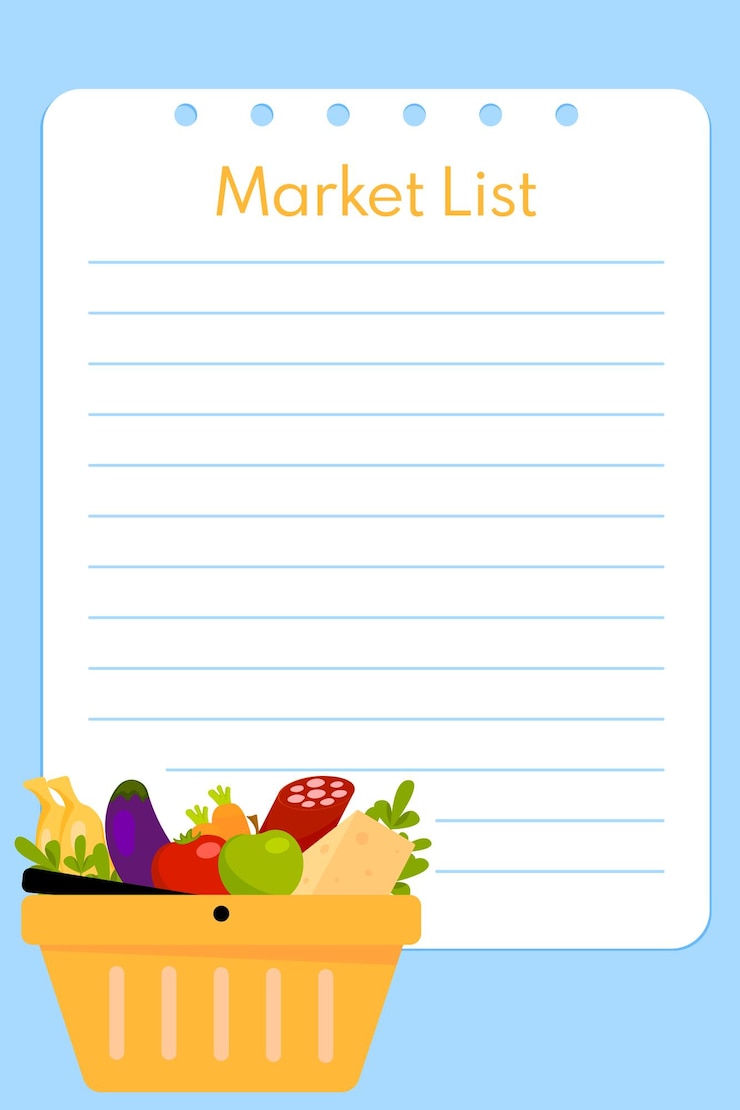 Vector lista de compras lista de verificación planificación de alimentos para el mercado concepto de compra en supermercado