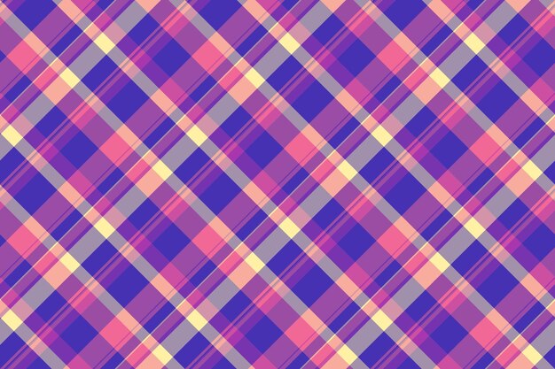 Lista de comprobación de la bolsa de tartan a cuadros con patrón de fondo textil tela sin costuras de textura vectorial en colores púrpura y rosa