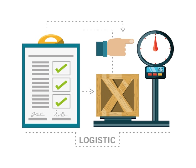 Vector lista de comprobación y caja sobre escalas de envío logístico