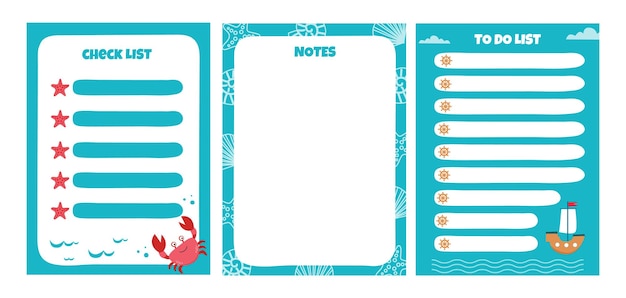 Lista de comprobación con cangrejos divertidos y animales submarinos al estilo de dibujos animados plantilla de diseño de horario para niños