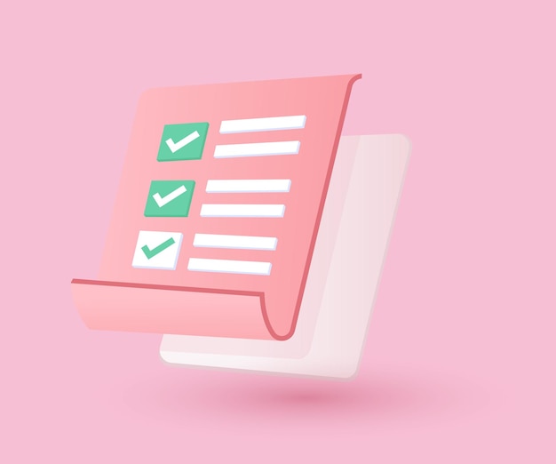 Lista de comprobación de clipboard blanco realista en 3D en fondo rosado diseño vectorial de estilo de dibujos animados