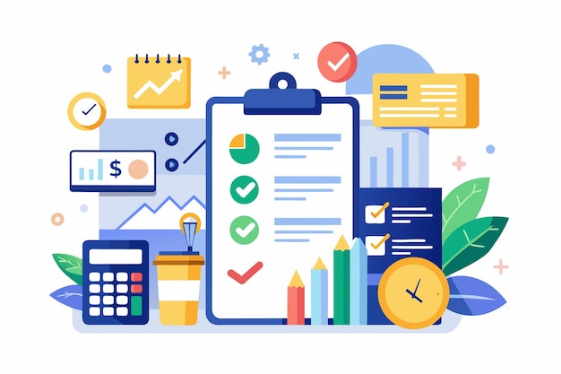 Lista de comprobación de clipboard y calculadora para el plan de negocios más vendido Plan de negocio con tendencias de ventas más vendidas Ilustración vectorial plana simple y minimalista