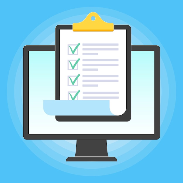 Lista de comprobación completa con marcas de comprobación apareció por encima del vector del icono de la pantalla del monitor de la computadora