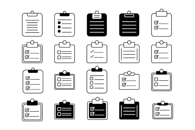 Lista de comprobación completa en papel Conjunto de plantillas de iconos vectoriales para una planificación eficiente