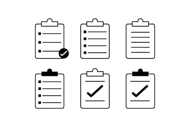 Lista de comprobación completa en papel Conjunto de plantillas de iconos vectoriales para una planificación eficiente