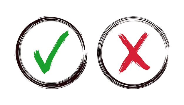 Lista de comprobación dibujada a mano símbolos de textura grunge Marca de comprobación verde y iconos de vector cruzado